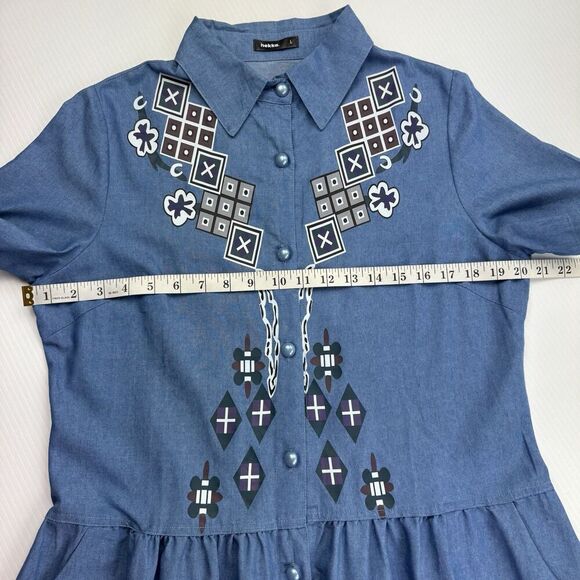 Hekka Blue Chambray Shirt Dress Size Large Printed Pleated Boho Button Down - Picture 5 of 8